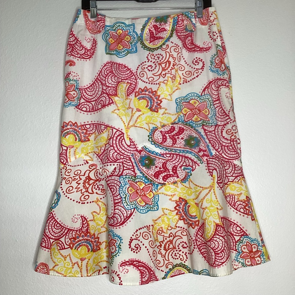 White Floral Paisley A-Line Midi Skirt Sz 8